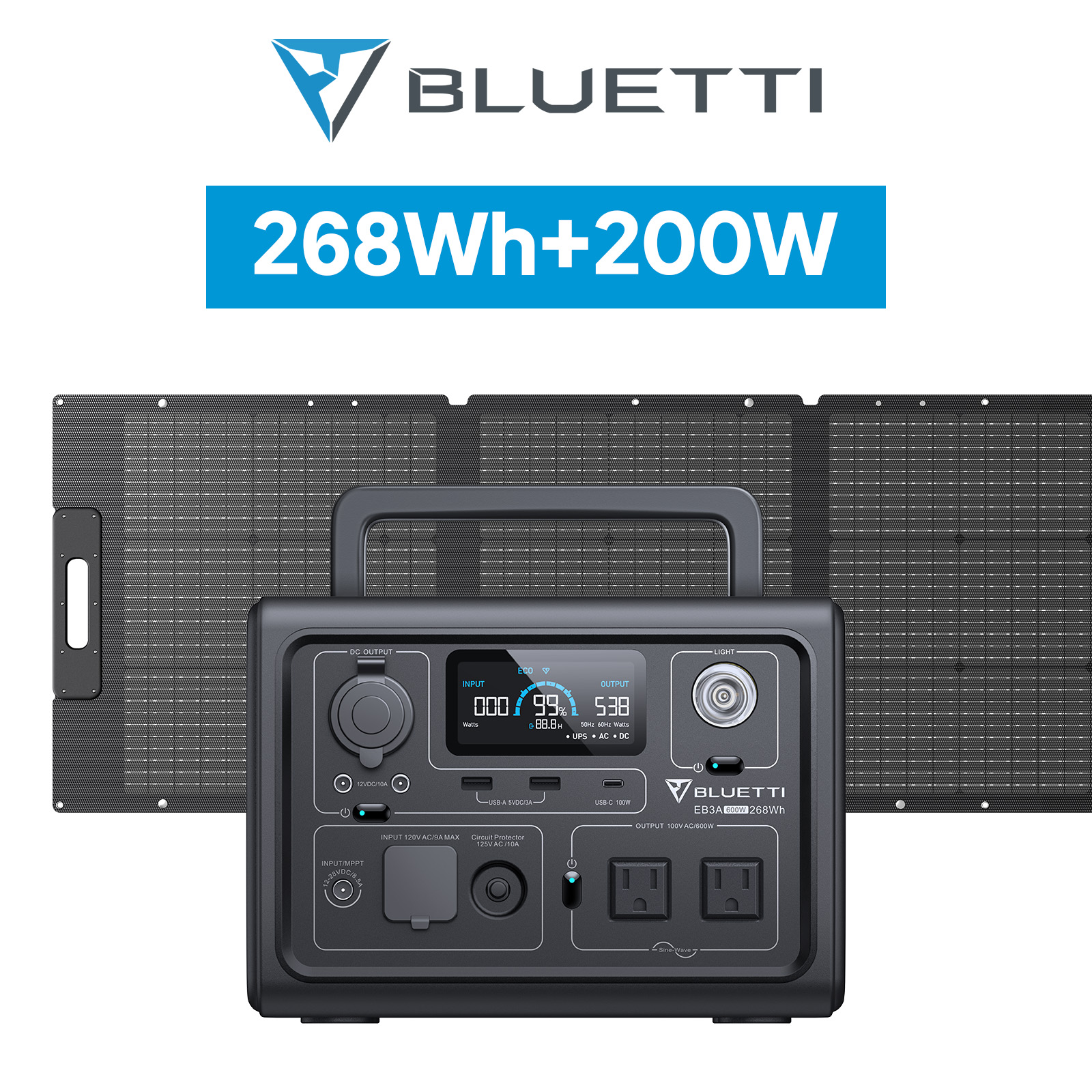 BLUETTI EB3A+200Ｗ ポータブル電源 ソーラーパネル セット 268Wh/600W 200W MC4ケーブル付き リン酸鉄リチウムイオン UPS機能 軽量 小型 家庭用｜poweroak