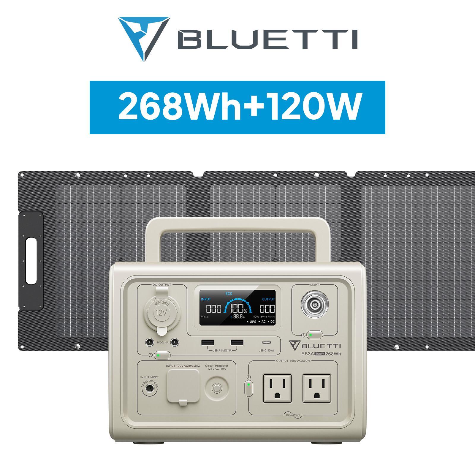 BLUETTI ポータブル電源 ソーラーパネル セット EB3A+PV120W 軽量 小型 蓄電池 家庭用 268Wh/600W 120W リン酸鉄リチウムイオン UPS機能｜poweroak