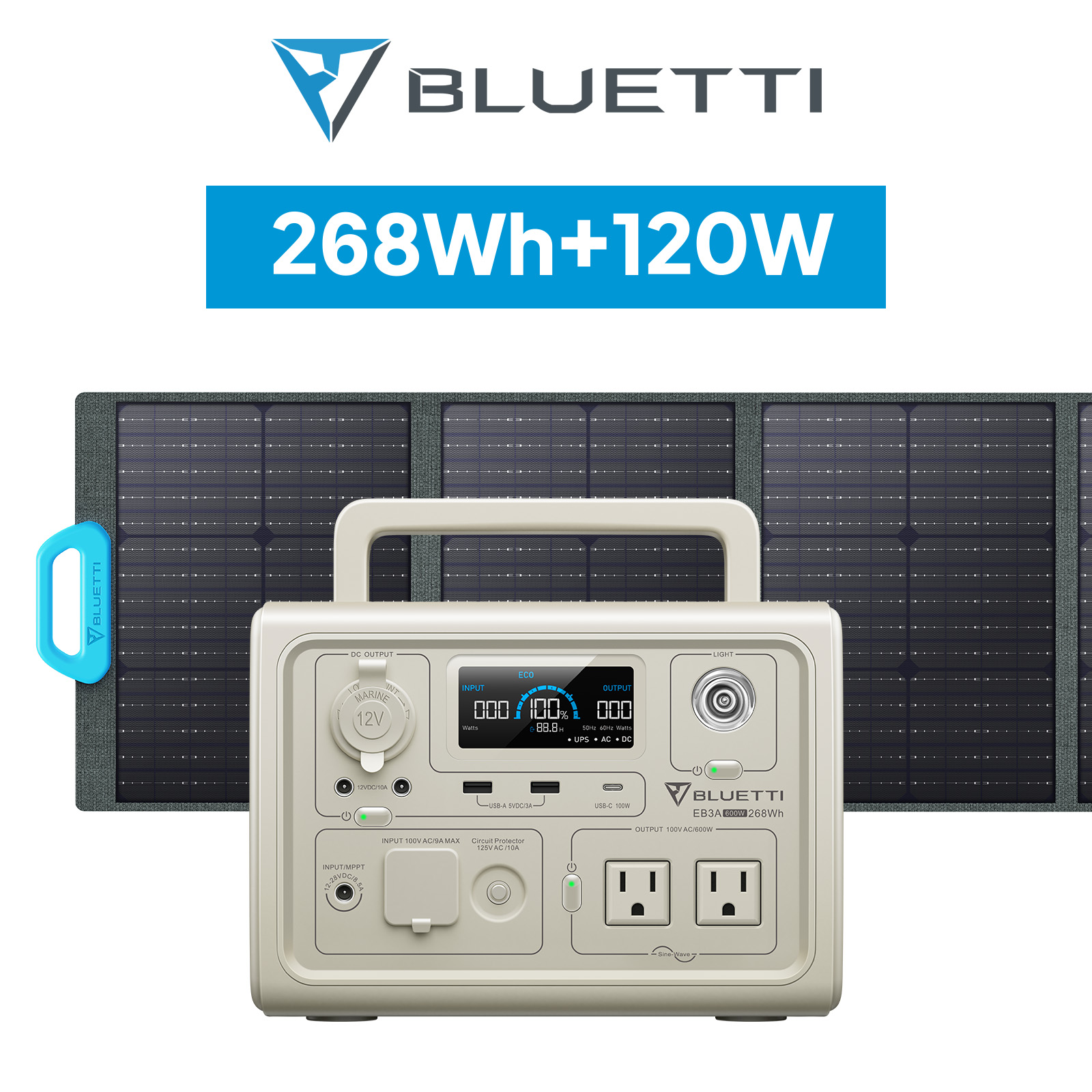 BLUETTI ポータブル電源 ソーラーパネル セット EB3A+PV120W 軽量 小型 蓄電池 家庭用 268Wh/600W 120W リン酸鉄リチウムイオン UPS機能｜poweroak