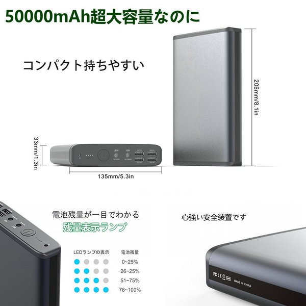 モバイルバッテリー K2 50000mAh 大容量ノートパソコン用 