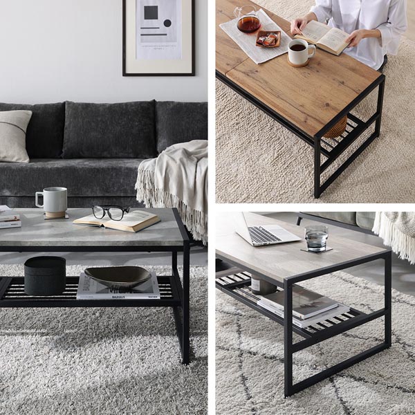 ローテーブル 単品 幅120cm ストーングレー 収納棚 アジャスター付