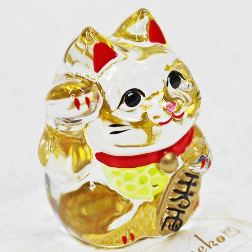 クリスタル招き猫 キン ブチ 金 ガラス クリスタル まねきねこ