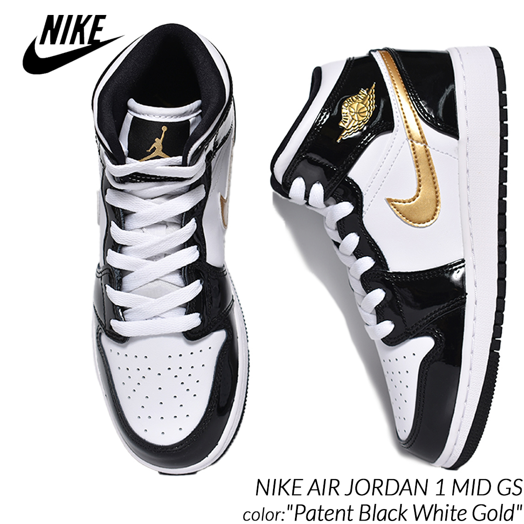 日本未発売 NIKE AIR JORDAN 1 MID GS Patent Black White Gold ナイキ