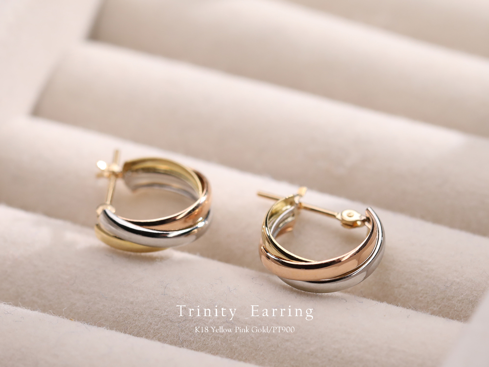 ピアス レディース フープピアス 幅広 細 太 トリニティピアス  トリコロールカラー スリーカラー コンビ 18k