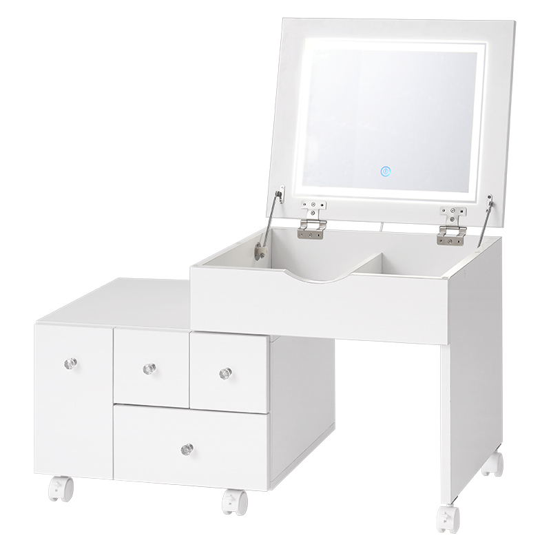 伸縮式コスメワゴン LED女優ライト コスメボックス メイクボックス 幅48-86cm 伸縮 引出し キャスター付き 姫家具 ホワイト MUD-6628 | HAGiHARA | 01