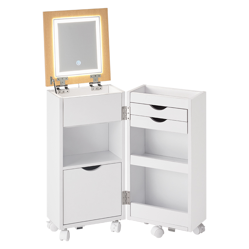 大容量コスメワゴン LED女優ライト ミラー角度無段階調節 引出し フラップ扉 キャスター付き 姫家具 コスメボックス メイクボックス ホワイト ブラウン MUD-6679 | HAGiHARA | 02