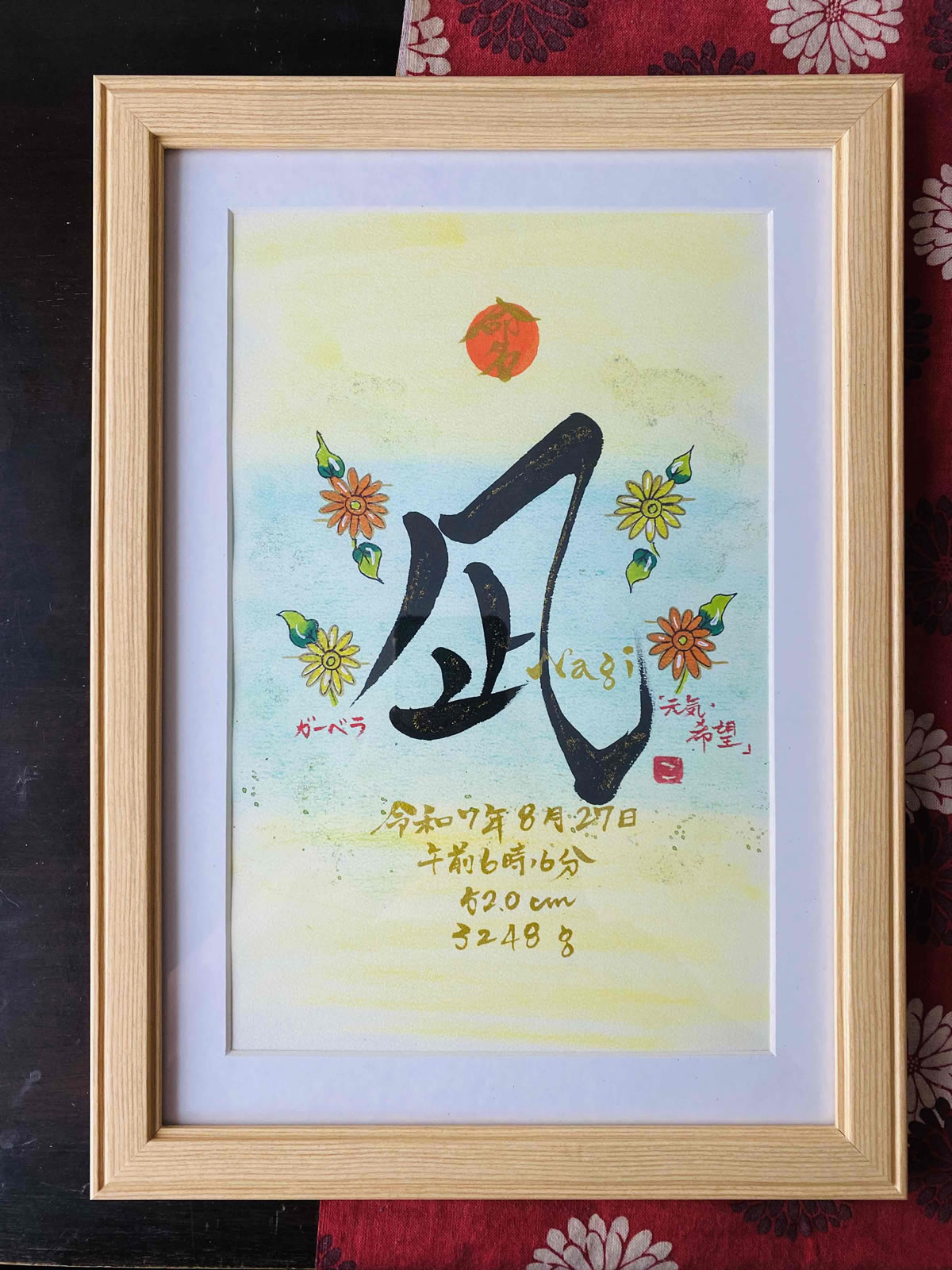 命名書 出産祝い おしゃれ 手書き オーダー 赤ちゃん 代筆 命名紙 命名用紙 書道家 プレゼント 世界でひとつ！誕生花のイラスト入り 命名書(ワイド6切りサイズ）の画像