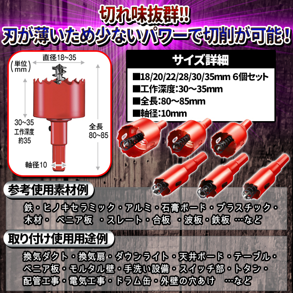 大特価バイメタルホールソー設備工事用４本セット バイメタル ホールソー ホルソー セット 穴あけ 切削 工具