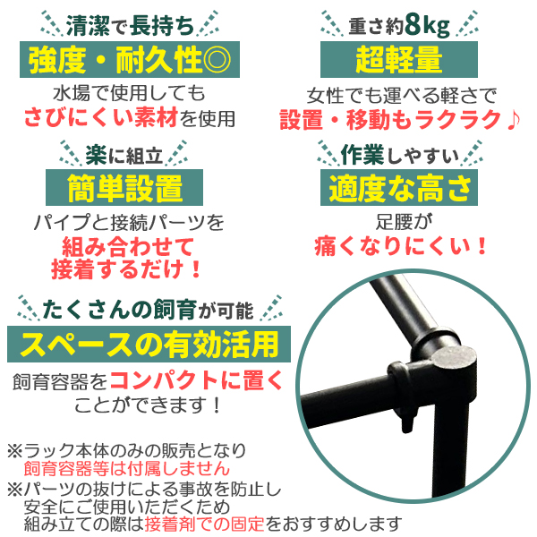 メダカ飼育黒ラック 2段12個置き めだか飼育棚 めだか飼育棚 容器棚 めだか容器産卵撮影 ビオトープ ゾウリムシ PSB ミジンコ 培養 針子 |  | 03