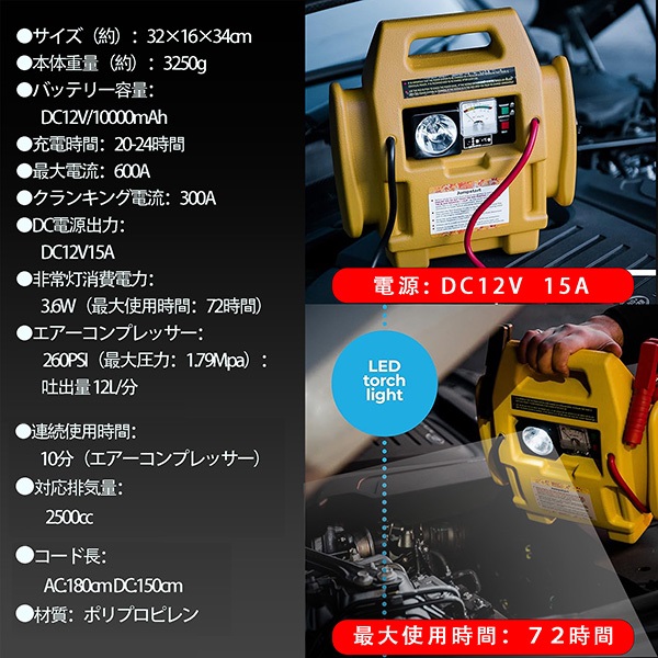 非常用ジャンプスターター ポータブル 電源 空気入れ キャンプ シガー