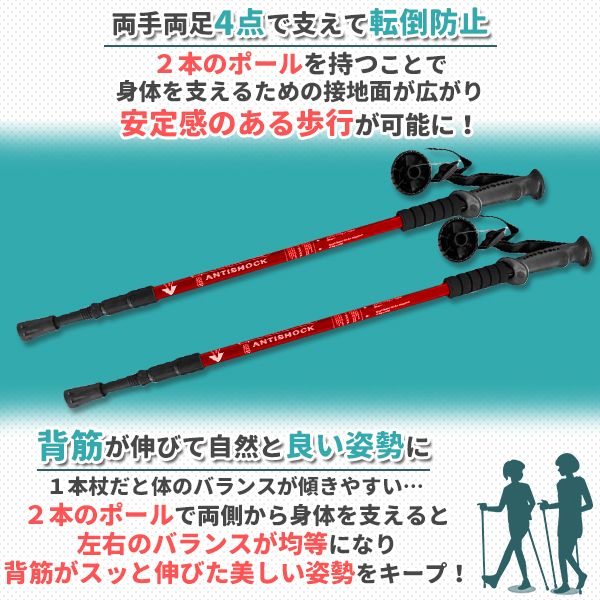 トレッキングポール 2本セット ウォーキングステッキ 伸縮 軽量 アンチショック アルミ ステッキ 杖 ノルディック ウォーキング 登山 キャンプ レッド 赤 関連画像1