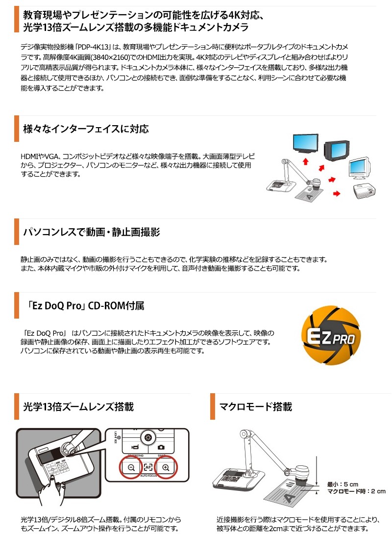 デジ像実物投影機 4K対応 光学13倍 デジタル8倍ズーム ドキュメント