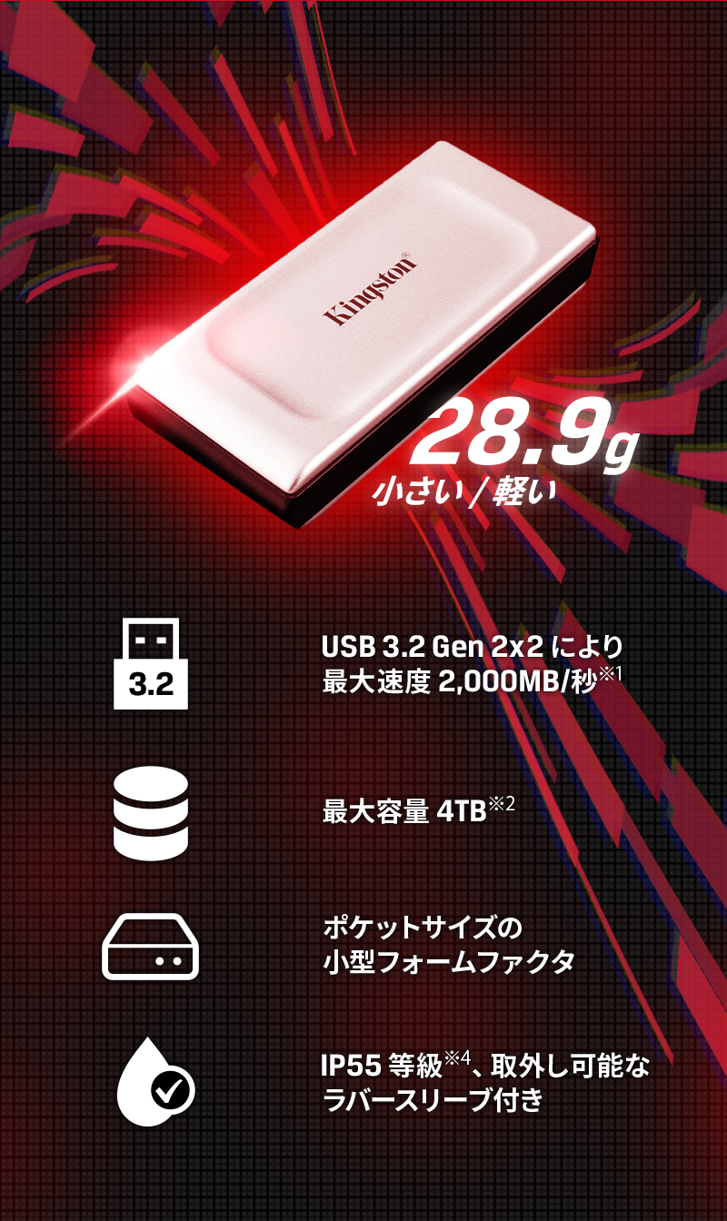キングストン ポータブル外付けSSD 1TB XS2000シリーズ USB 3.2 Gen 