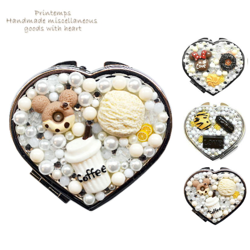 スイーツデコ コンパクトミラー ハート型 ホワイト 両面タイプ 鏡