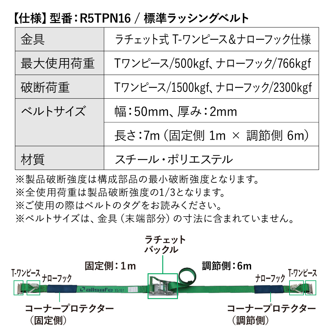 オールセーフ ラッシングベルト 長さ1+6m [ラチェット式 Tワンピース