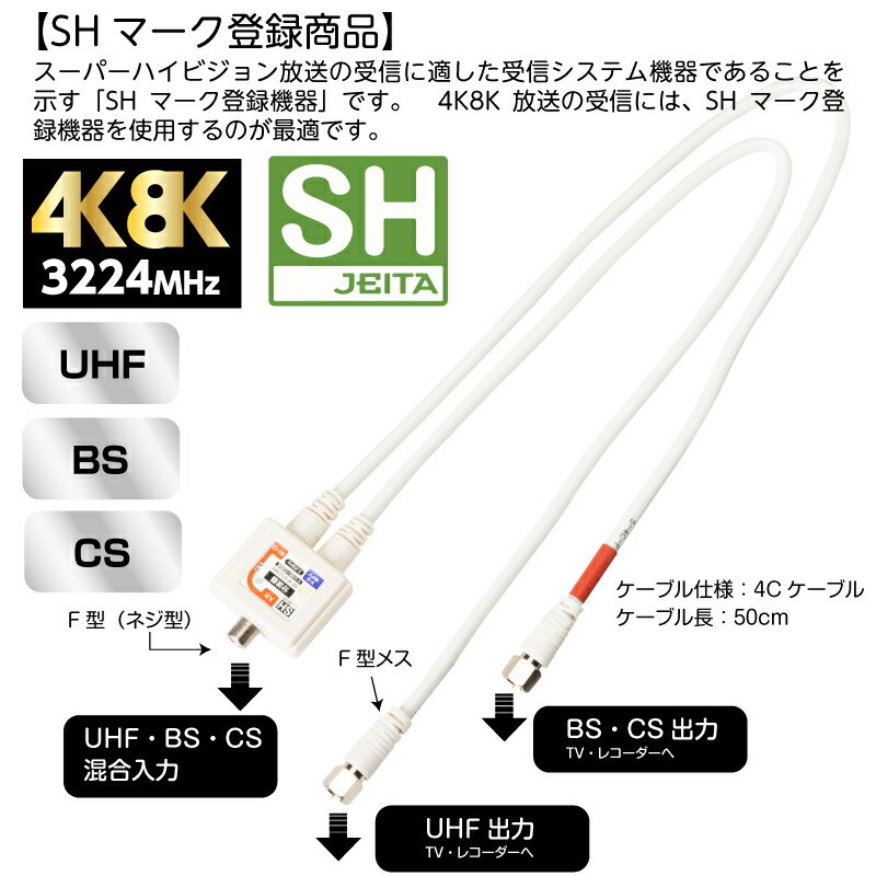 アンテナ分波器 4k 8k 放送 対応 地デジ Bs Cs 衛星放送 スカパー ケーブル 一体型 スリム 30cm ネジ式 コネクタ F型 テレビ チューナー レコーダー ビデオ 500 At003 サンワダイレクト 通販 地上 Bs Cs デジタル放送対応 ケーブル付き分波器 日本アンテナ テレビ用