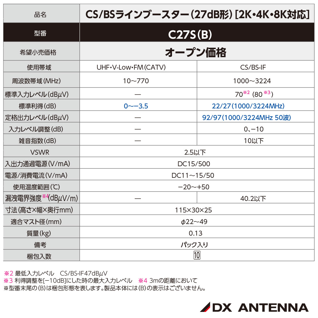 取寄品) C27S(B) ラインブースター 27dB型 前置用 電源供給型・屋内
