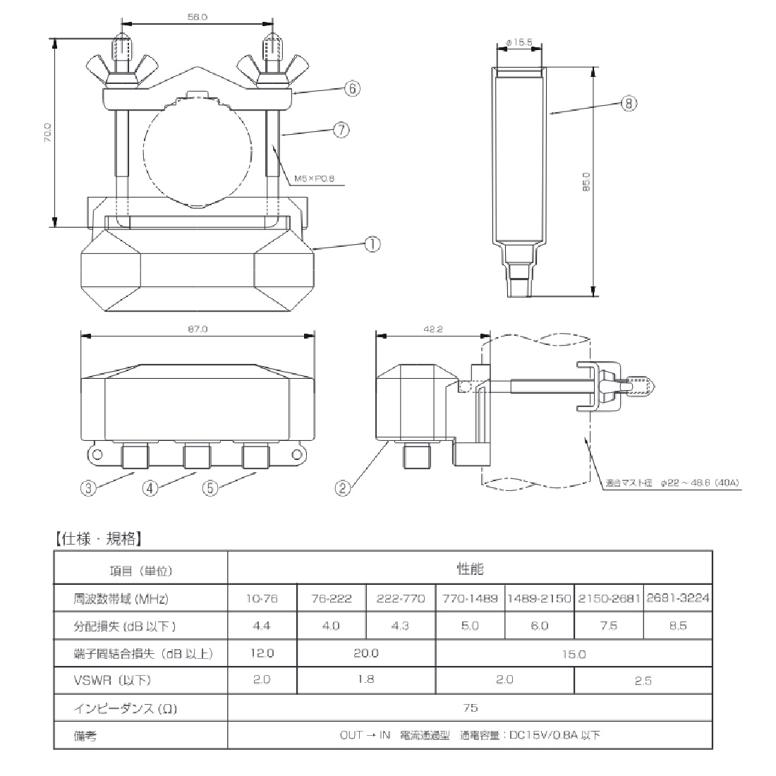 在庫有 アンテナ分配器 屋外用 2分配器 TWS-2L 全端子通電型 4K8K対応 3.2GHz対応型 10MHz - 3224MHz対応 JEITA SHマーク 放送通信機器 関連画像4