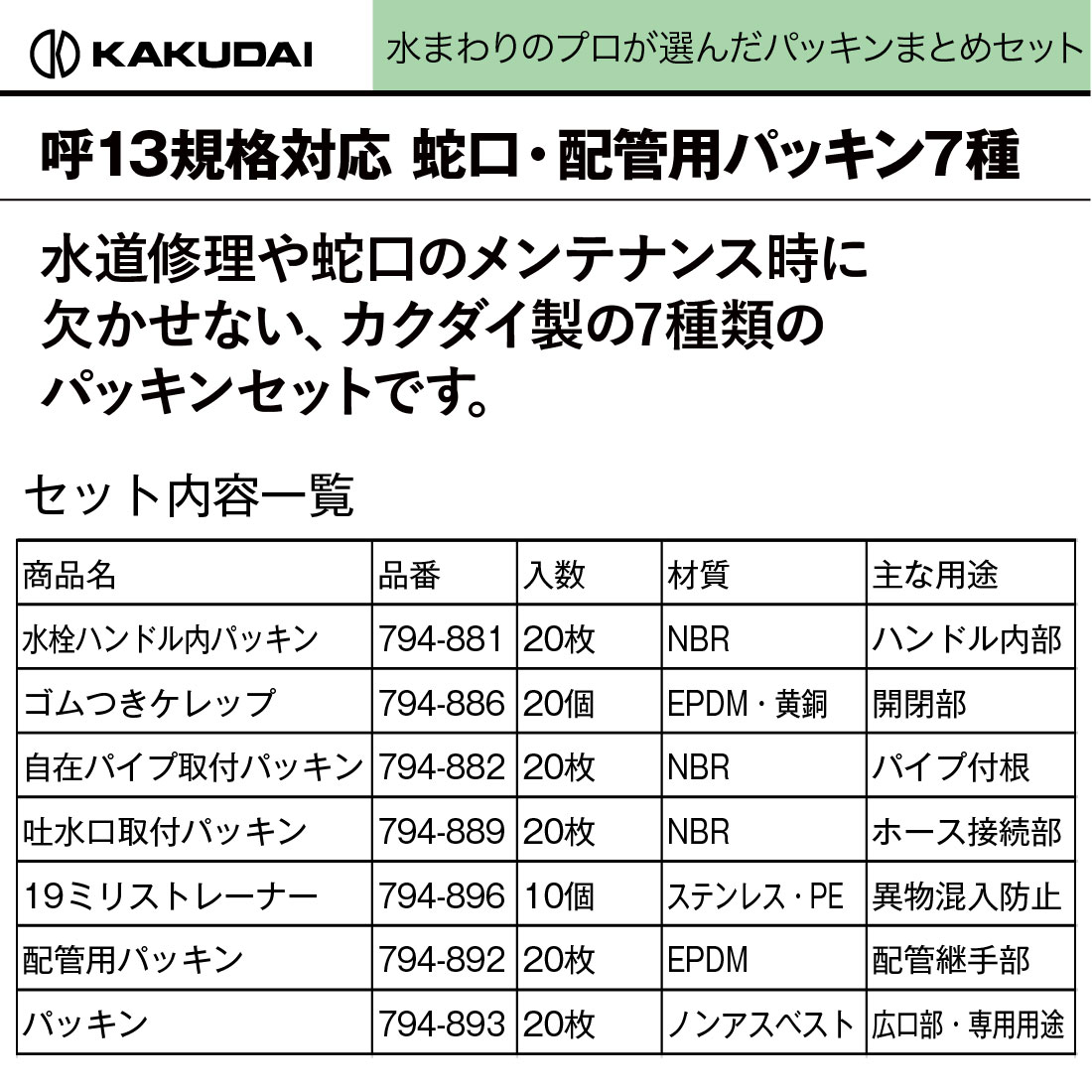 カクダイ純正 水道パッキン7種セット 各種10〜20枚入 呼13用 業務用補修パック DIYメンテナンスに最適 カクダイ KAKUDAI 爆買_1