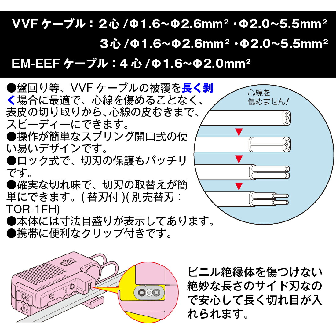 未来工業 トリッパー・FK TOR-1FK VVFケーブル被覆を長〜く剥く