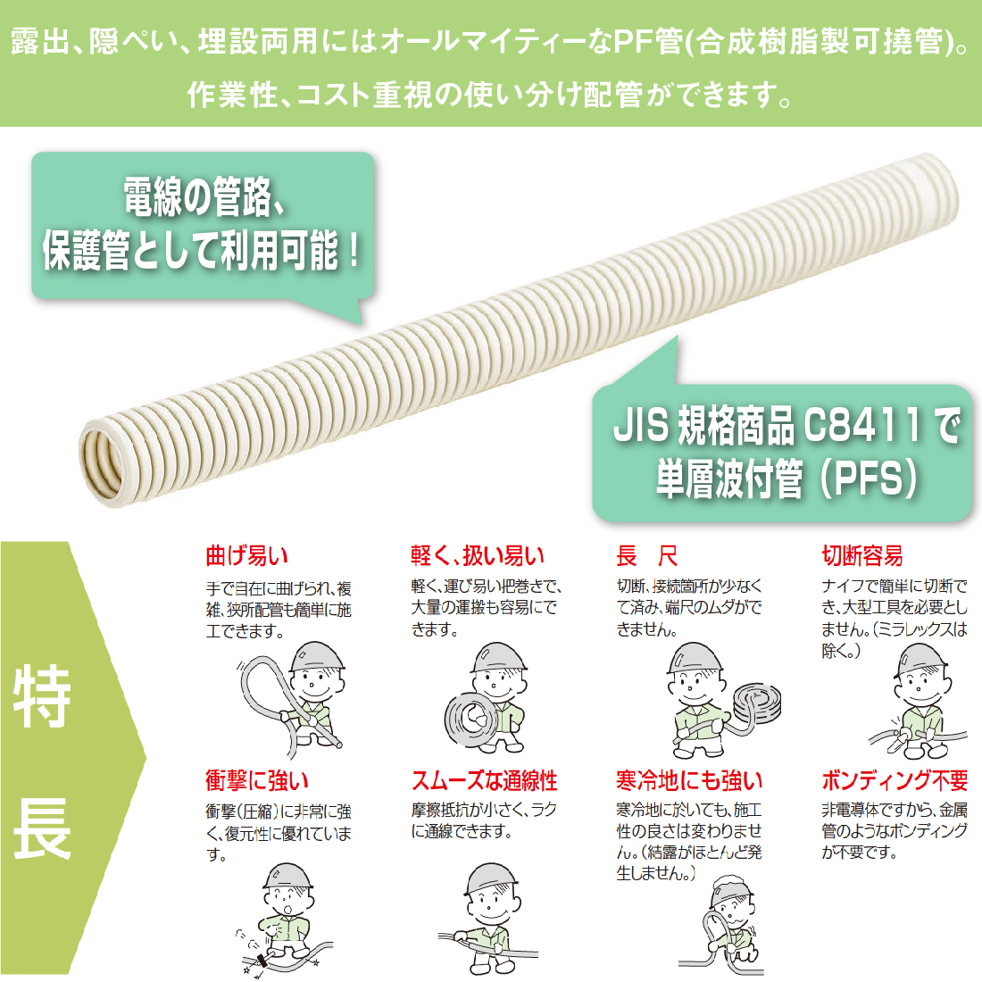 (法人限定) MFS-22 50m　ミラフレキSS（PFS)　PF単層波付管・合成樹脂製可撓管　JIS C8411(サイズ14~54)  露出・埋設両用（自己消火性) 4色展開　未来工業