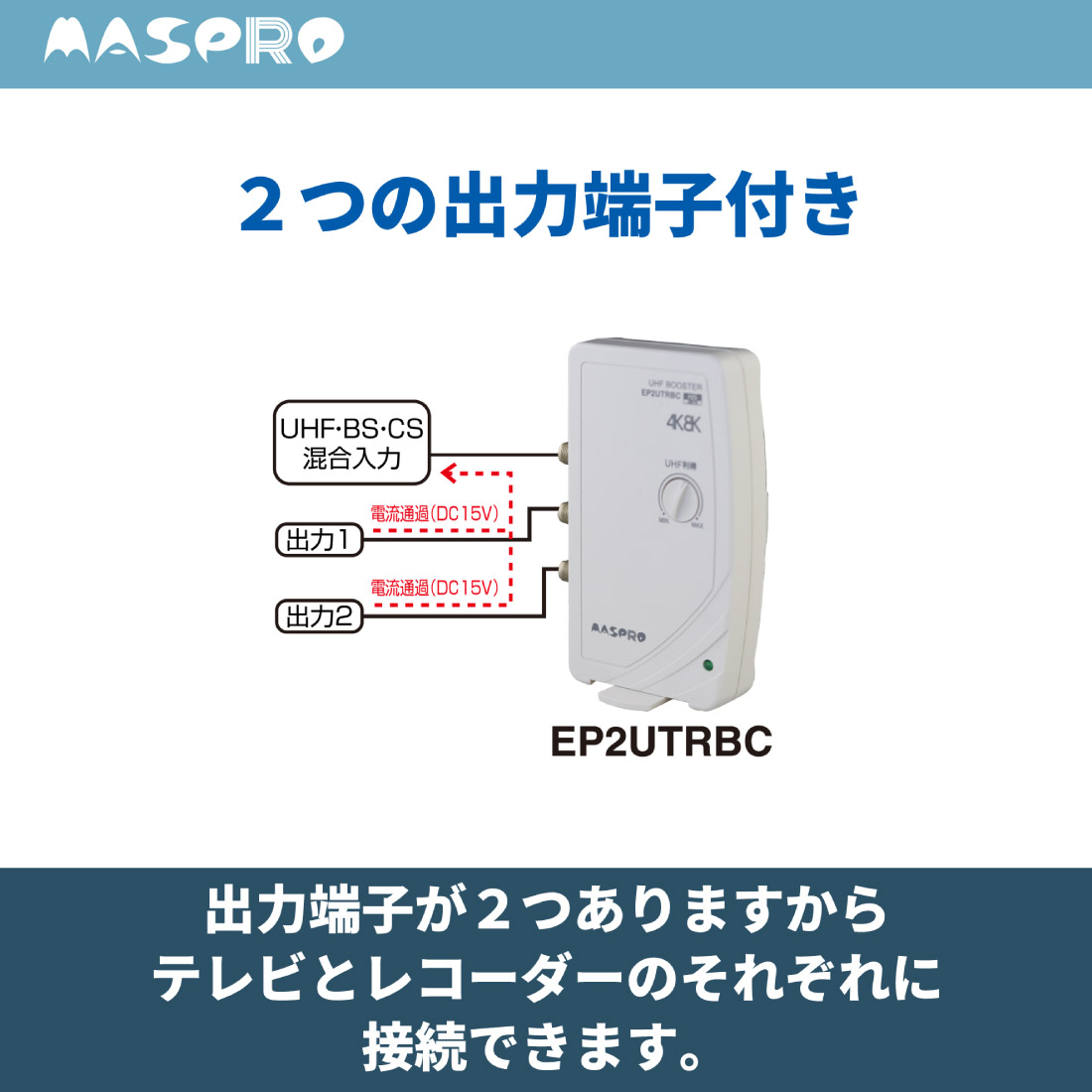 EP2UTRBC UHFテレビ・レコーダーブースター 地上デジタル放送　4K8K 3224MHz 2出力 F型端子　卓上　付属品付き　 マスプロ/MASPRO