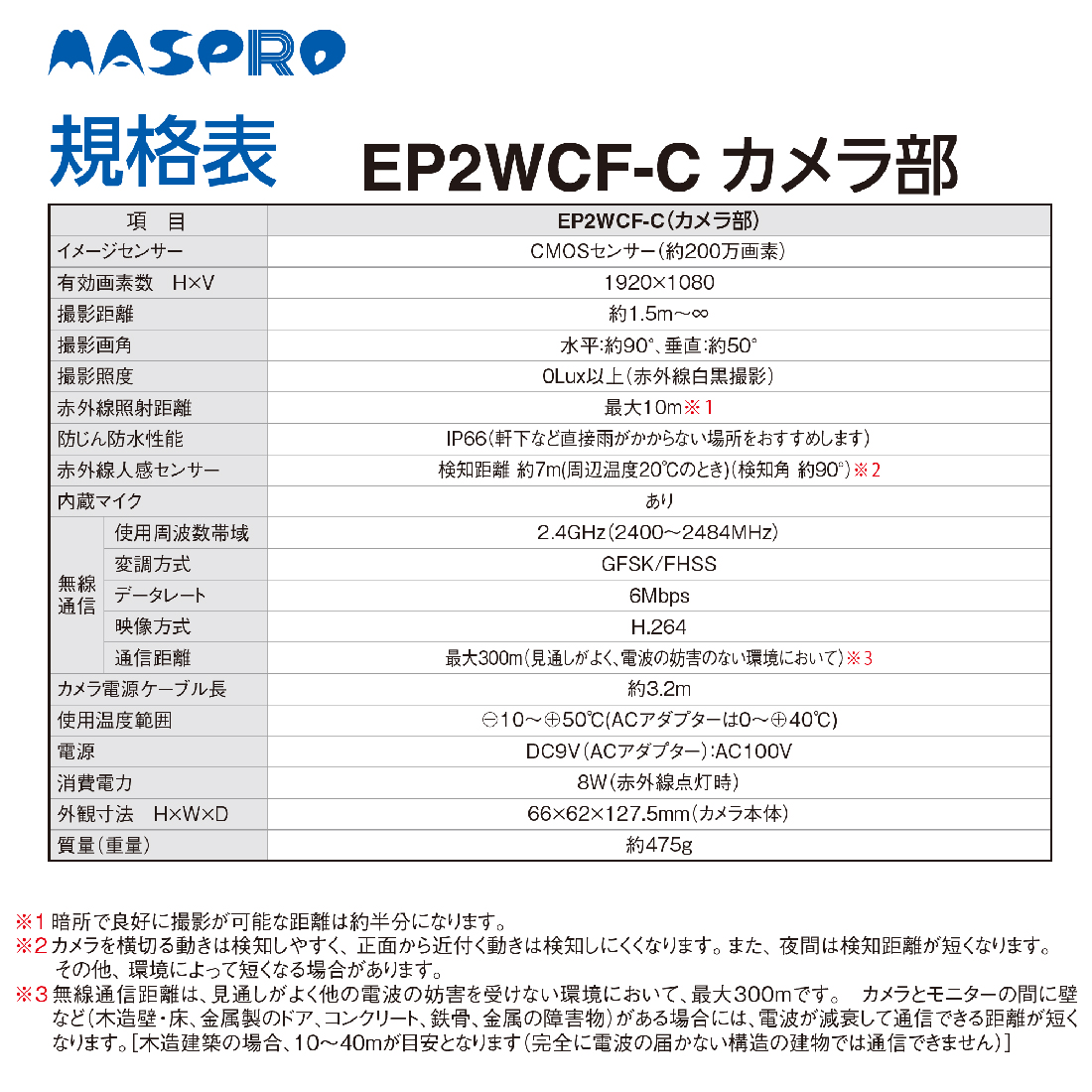 防犯カメラ 増設用 EP2WCF-C ワイヤレスHDカメラフルハイビジョン EP2WCFL/EP2WCFM用 マスプロ電工 MASPRO｜pro-pochi｜09