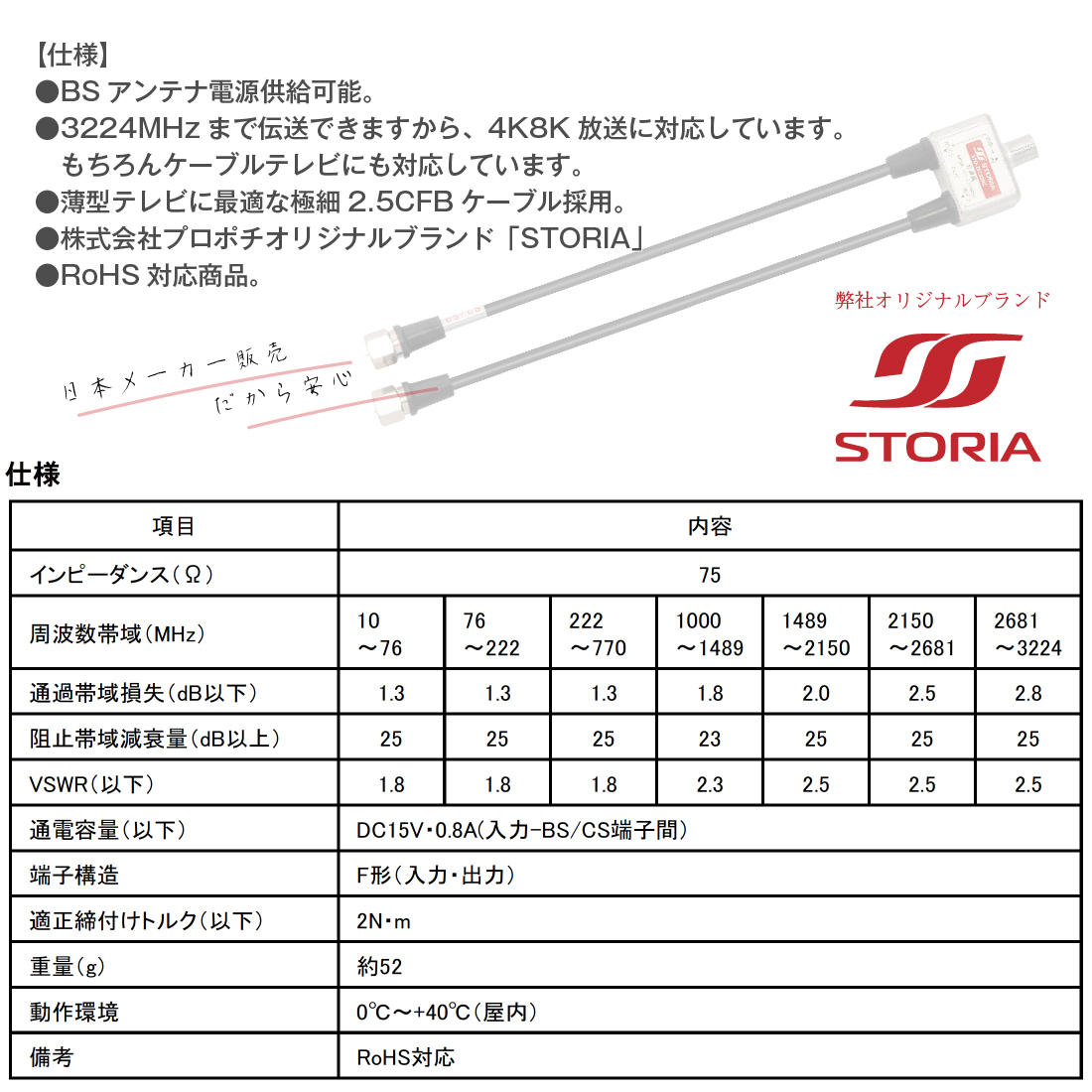 STO-25C02NC ケーブル付き分波器 20cm ケーブル一体型 4K 8K 地デジ BS CS 対応 RoHS対応 S-2.5C-FB STORIA / ストリア｜pro-pochi｜05