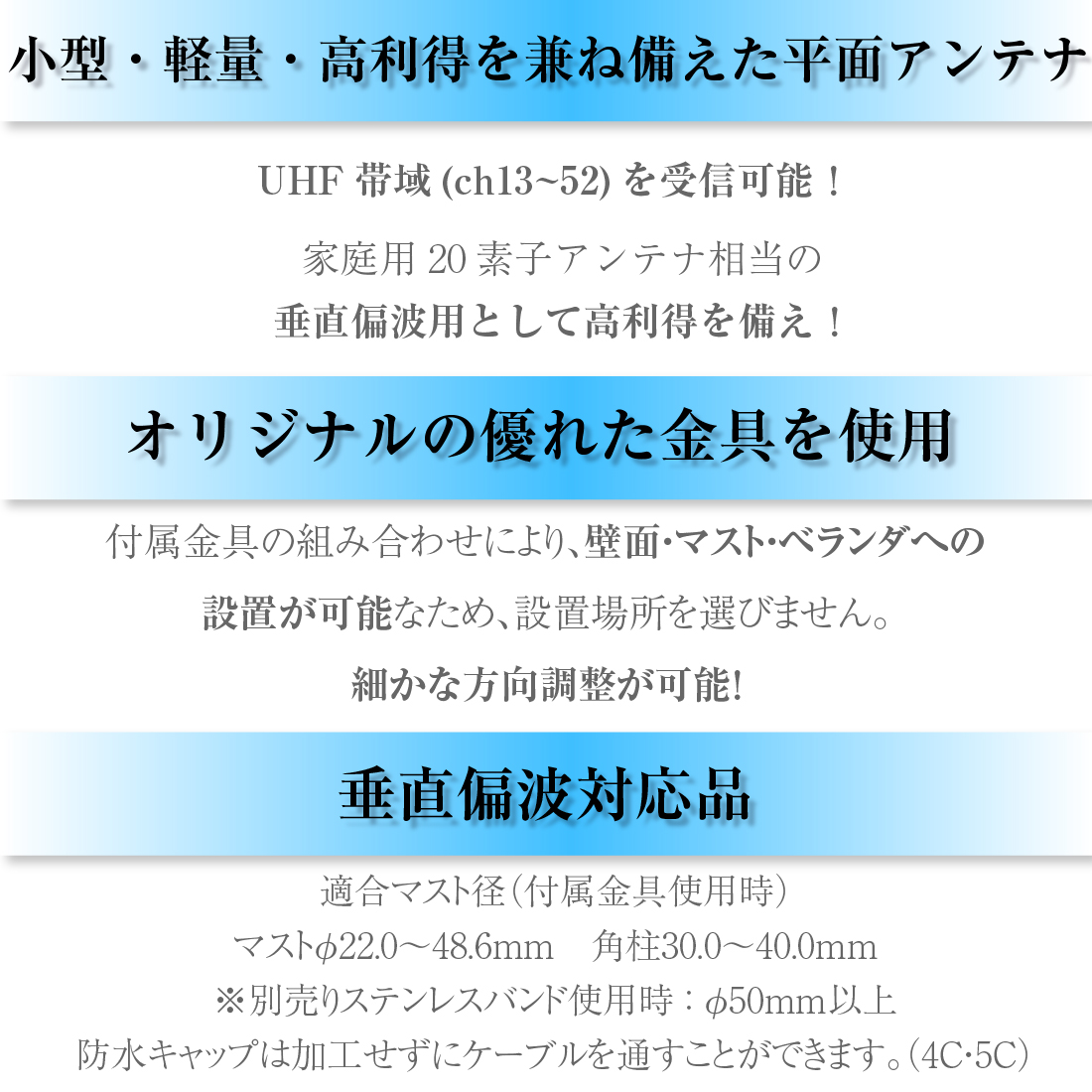 サン電子 地デジアンテナ SDA-20-3-K UHF平面アンテナ 20素子相当 垂直偏波受信専用　セミグロスブラック 付属品付｜pro-pochi｜03