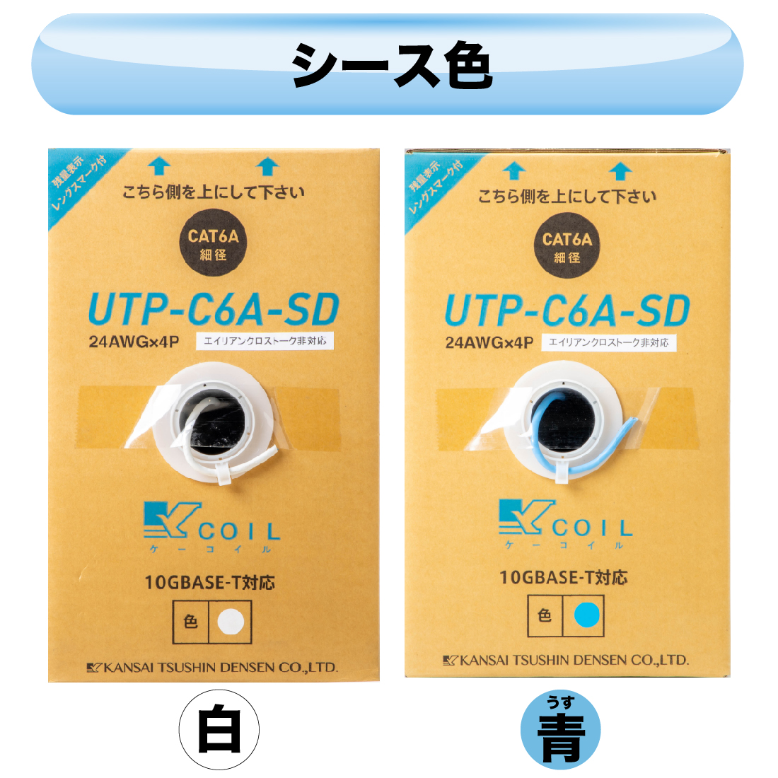 （在庫有）UTP-C6A-SD(PB/WH) UTP LAN ケーブル 300m/1箱 CAT6A 細径 5.8ｍｍ (うす青 / 白)  リーレックス巻 レングスマーク付 関西通信電線