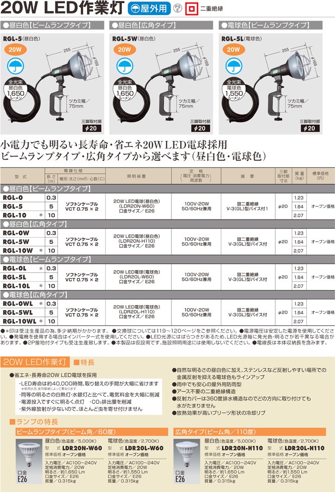 ハタヤ LED作業灯 20W電球色ビームタイプ 電線5m RGL-5L