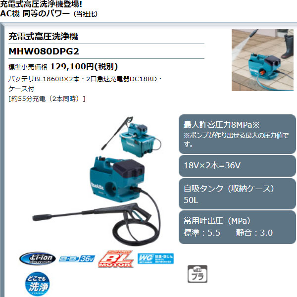 代引不可)makita マキタ MHW080DZK 充電式高圧洗浄機 本体 + ケース 