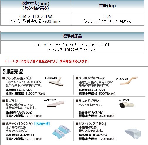 マキタ 充電式クリーナー CL105DW コードレス掃除機 (内蔵バッテリ