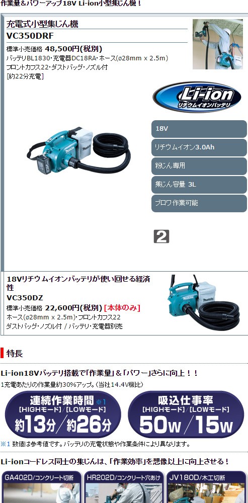 マキタ 充電式小型集じん機 VC350DZ(バッテリ・充電器別売) (F) :makita-vc350dz:プロショップShimizu - 通販 -  Yahoo!ショッピング