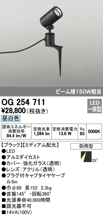 オーデリック OG254711 エクステリア LEDスポットライト ビーム球150W