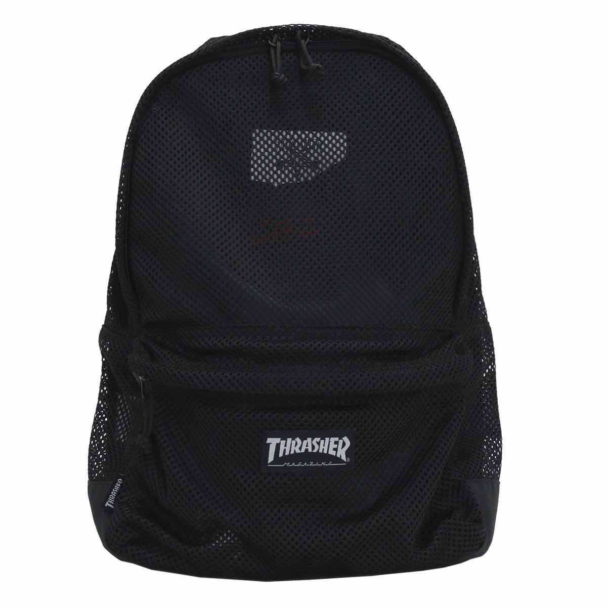 Thrasher 黒 バックパック メッシュポケット付き THRASHER バックパック 大きいサイズ メンズ ロゴプリント 背面