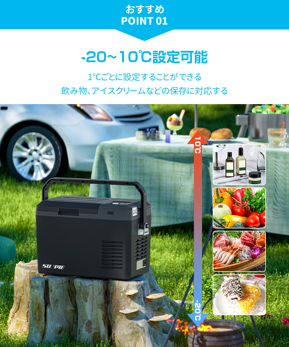 車載冷蔵庫 9L ポータブル冷蔵庫 -22℃〜10℃ 45W 急速冷凍 3WAY電源対応