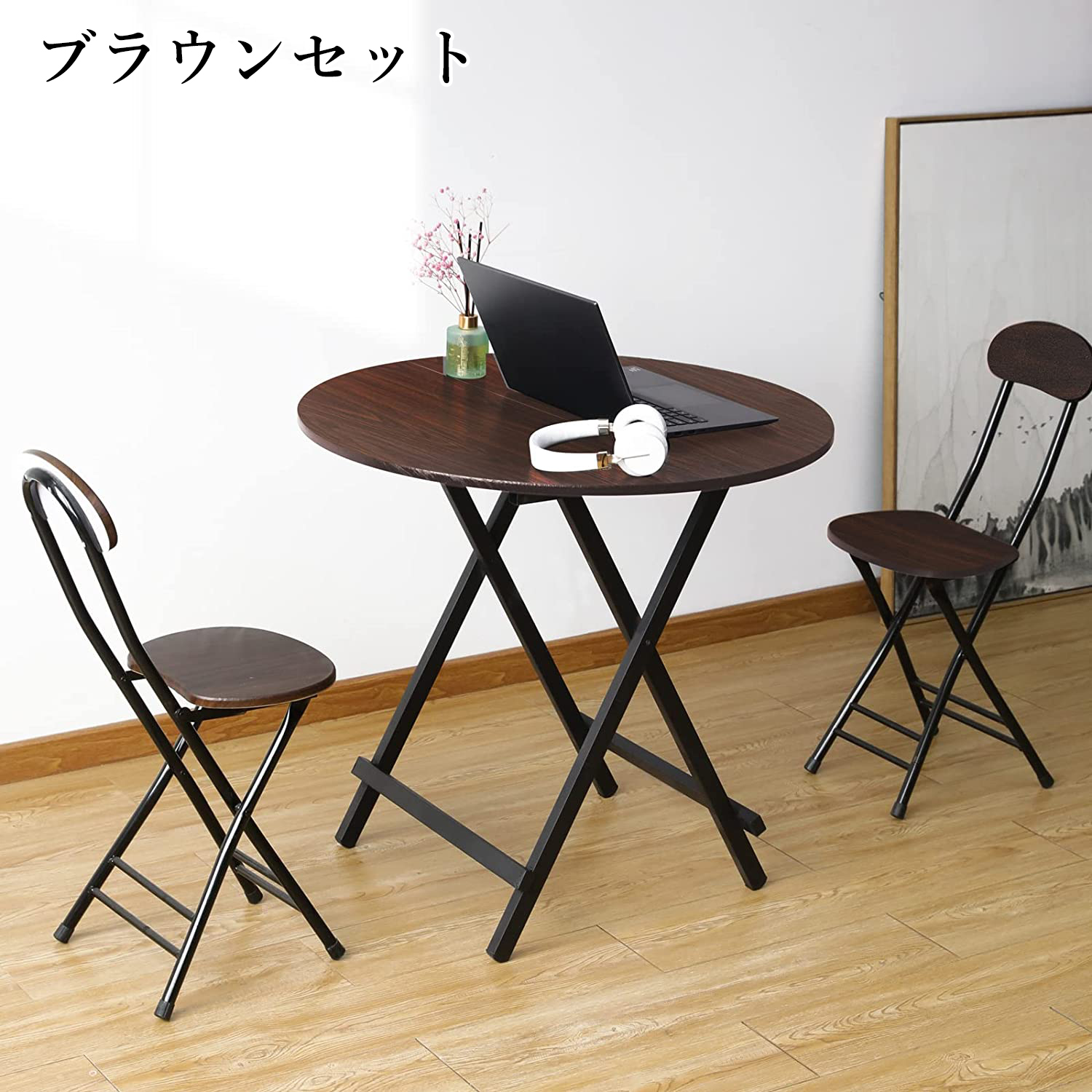 「PROBASTO」折りたたみテーブル&チェアセット 丸テーブル ダイニングテーブル パイプ椅子 組立不要 完成品 食事 作業 在宅勤務 おしゃれ  2人用 3点セット