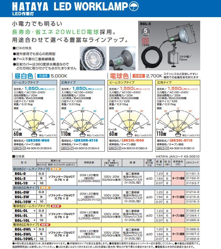 ハタヤリミテッド HATAYA RGL-5W 屋外用防雨型 LED作業灯(投光器) 100V