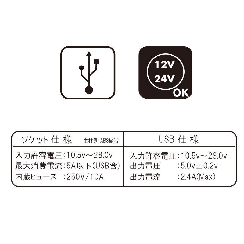 12V 24V 車用 USBソケット USB付 ダイレクトクリアー 3連ソケット 2.4A