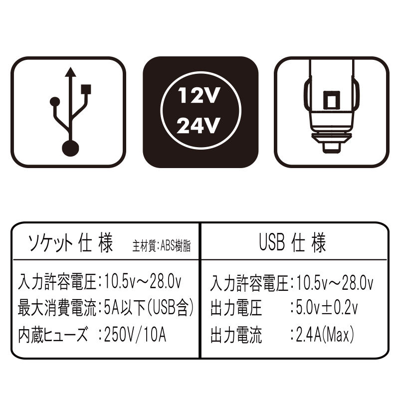 12V 24V 車用 USBソケット USB付 ダイレクトスイッチ付 2連ソケット