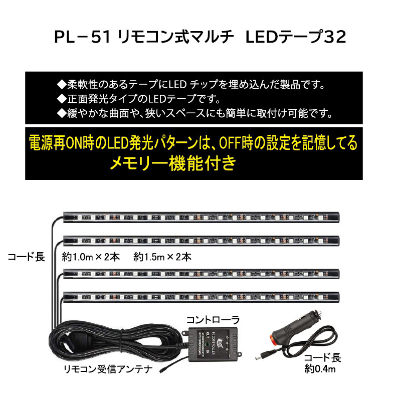 12V車用 リモコン付き マルチ LEDテープ 8色 サウンドセンサー
