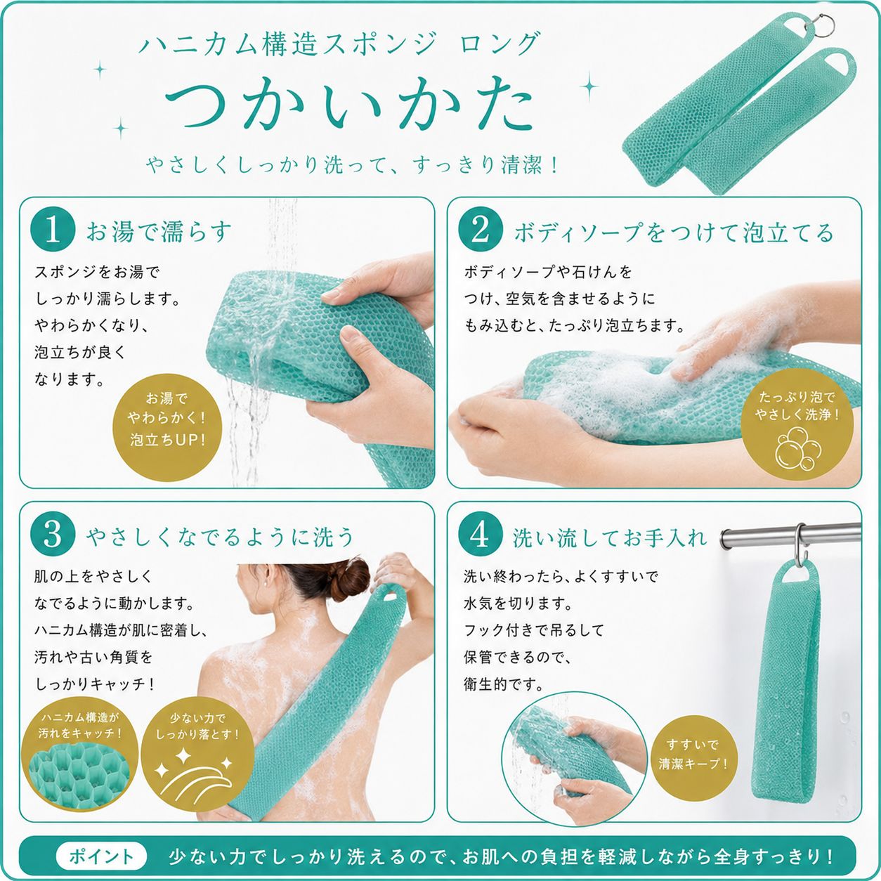 ハニカム構造スポンジロング つかいかた