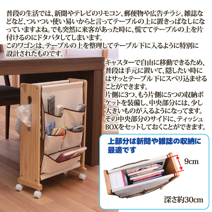 ワゴン 収納 キャスター付き ダイニングワゴン ティッシュホルダー付