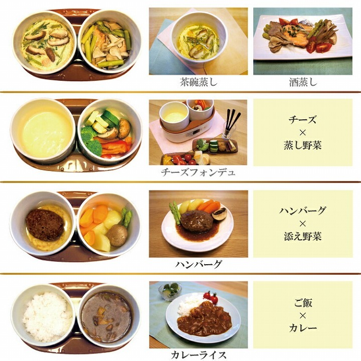 茶碗蒸し　酒蒸し　チーズフォンデュ　ハンバーグ　ご飯　カレー