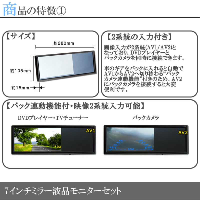 プロボックス 対応 高画質 CCDバックカメラ + ミラーモニター 7インチ