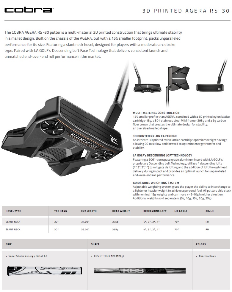 COBRA（コブラ） Cobra Golf 2024 Agera RS-30 3D Printed Putter