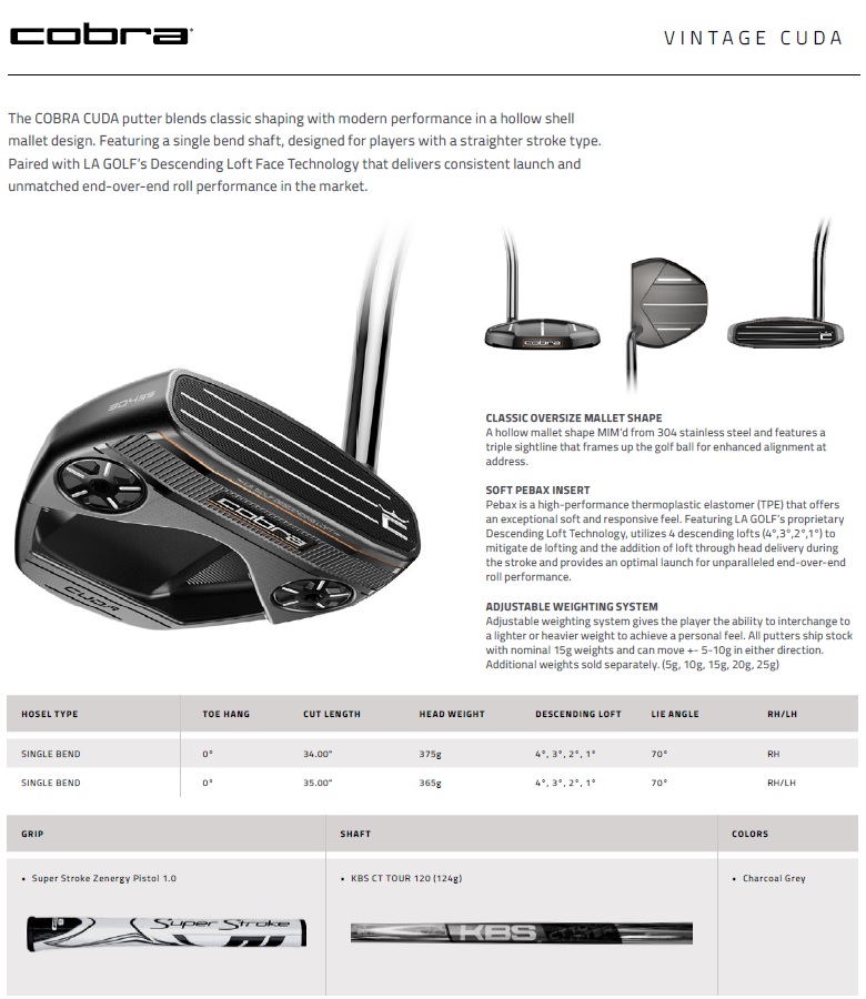 Cobra Golf 2024 Cuda Vintage Putter コブラゴルフ クーダ ビンテージ パター COBRA（コブラ） (レフティモデル) Cobra Golf 2024 Cuda Vintage