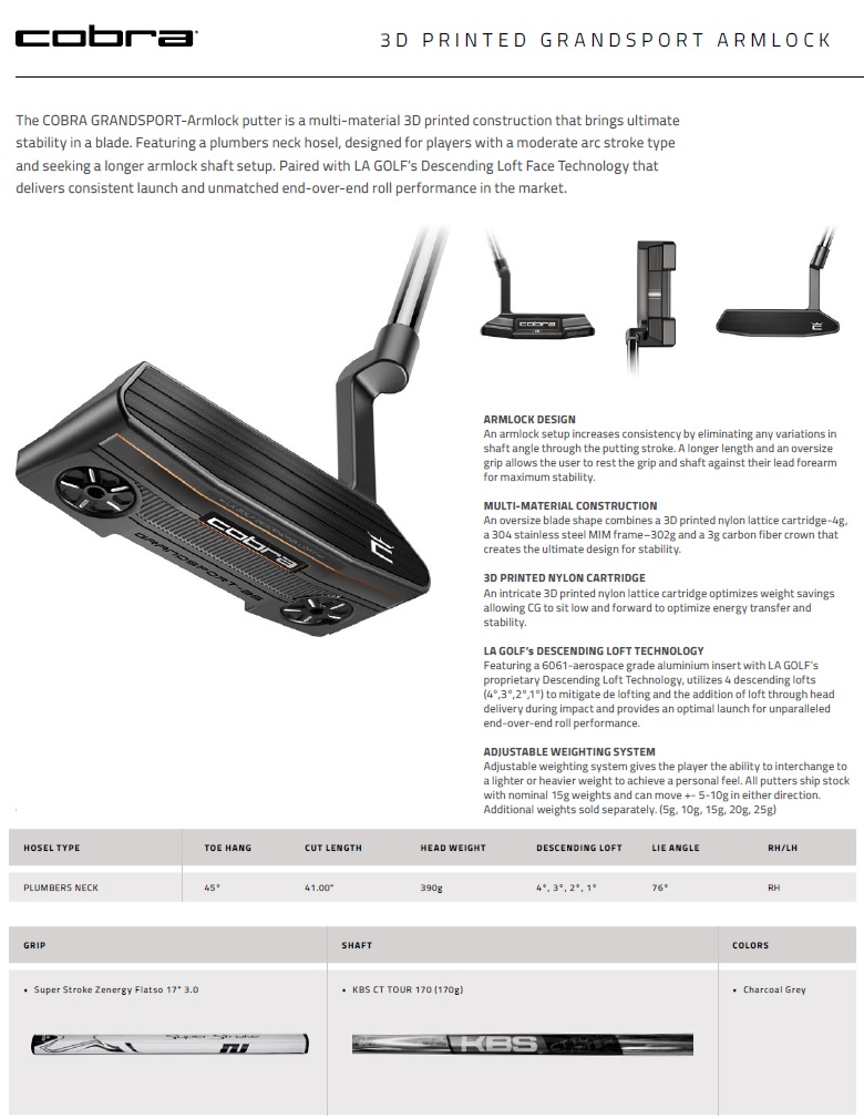 COBRA（コブラ） Cobra Golf 2024 Grandsport Armlock 3D Printed
