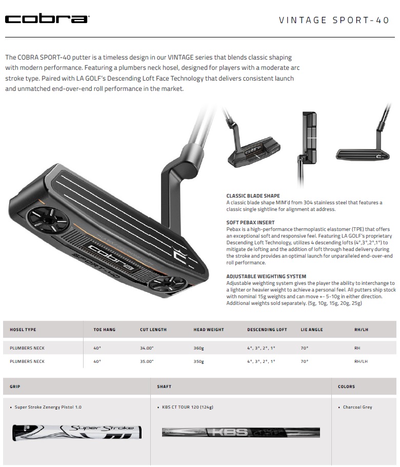 COBRA（コブラ） Cobra Golf 2024 Sport-40 Vintage Putter コブラ
